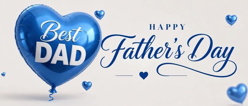 Blue heart balloon with best dad message for father's day celebration, blue balloons on white background, holiday card design, family appreciation, festive decoration, love and gratitude concept