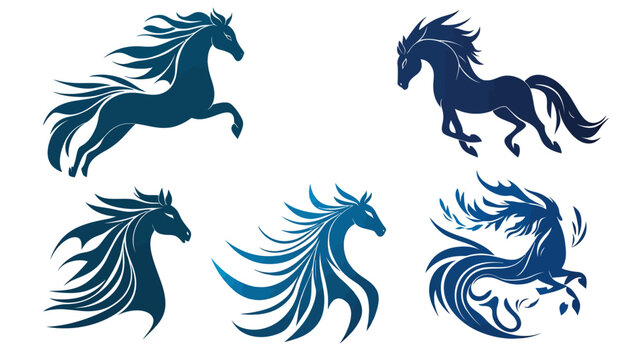 Stylized depictions of running horses, in shades of blue against a white background