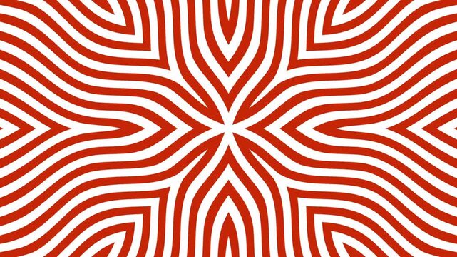 Abstract Red and White Optical Illusion Pattern Animation, Geometric Wavy Lines Motion Graphic, Curves form a symmetrical floral pattern with red lines on white backdrop.