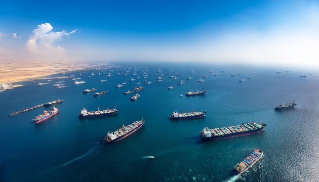 aerial view of crowded strait of hormuz with numerous ships