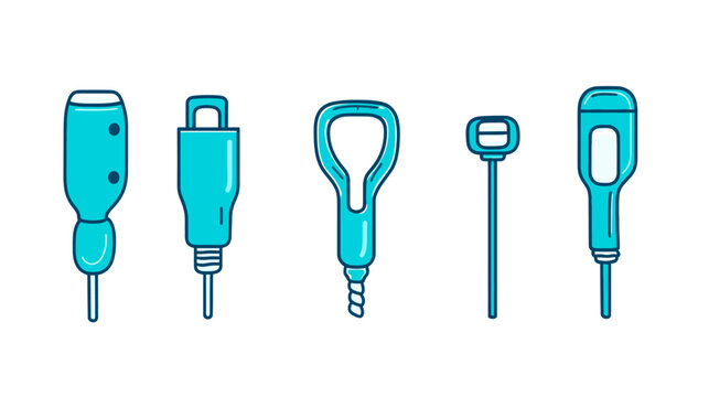 Illustration of five teal medical tools and instruments. Outlined with teal and white