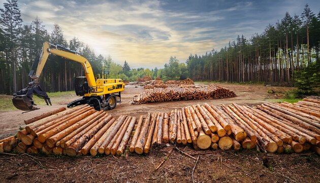 industrial logging site featuring stacked timber logs and yellow forestry machines in woods