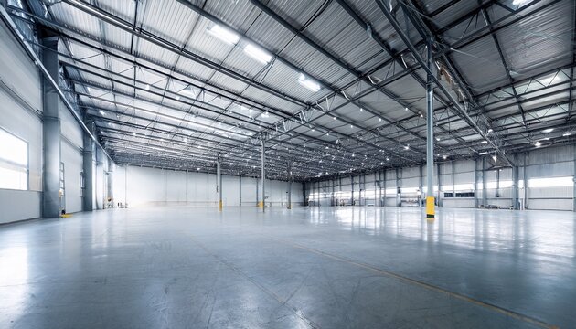 large empty industrial warehouse with concrete floor and high ceiling