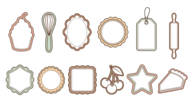 Collection of decorative baking-themed frames tags labels and kitchen tool outlines