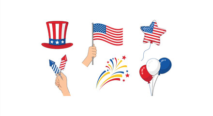 American Independence Day Elements Including A Top Hat Flag And Fireworks In A Vector Illustration © mdaburaihan