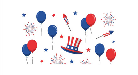 Obraz premium Red white and blue balloons fireworks and uncle sam hat vector illustration on white background
