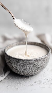 Spoon lifting thick skyr from ceramic bowl with creamy texture  