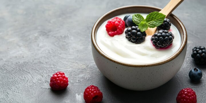 Minimalist bowl of skyr with fresh berries and wooden spoon on gray background  