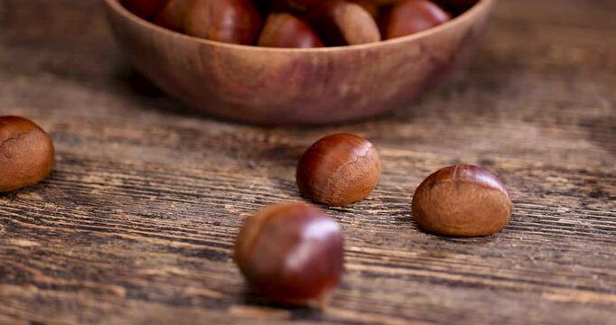 Dark brown chestnuts on a tree cut, a group of chestnut fruits is located on textured wood with annual rings in the center of the frame.