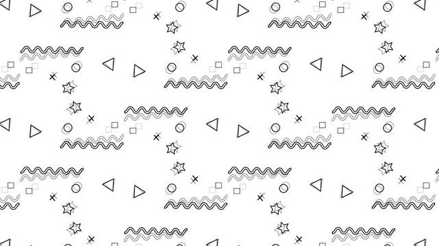 Seamless Loop Of Black And White Geometric LINE Art Patterns Featuring Animated Abstract Shapes Like Wavy Lines, Stars, Triangles, Circles, And Squares. Minimalist Retro Memphis Style Motion Graphics 