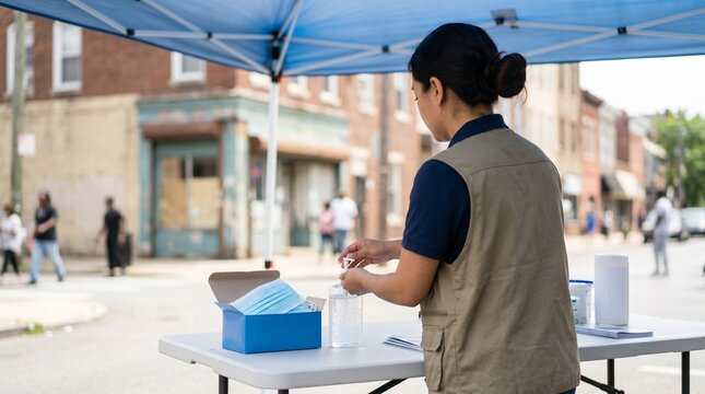 Outreach hygiene station setup, Community health worker preparing clinic, Masks and sanitizer supplies, Underserved neighborhood prevention, Clean public health service
