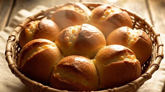 Fresh golden dinner rolls in wicker basket