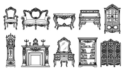 Fototapeta premium Elegant Antique Furniture Line Art Vector Set Featuring Rococo Seating Cabinets Fireplace and Grandfather Clock