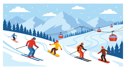 Ski resort with skiers and snowboarders on mountain. © GW