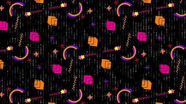 Retro 80s Memphis Style Seamless Looping Pattern Background Featuring Neon Orange And Pink Geometric Cubes, Purple Crescent Arcs, And Yellow Stars Floating On A Black Digital Matrix Backdrop With Star