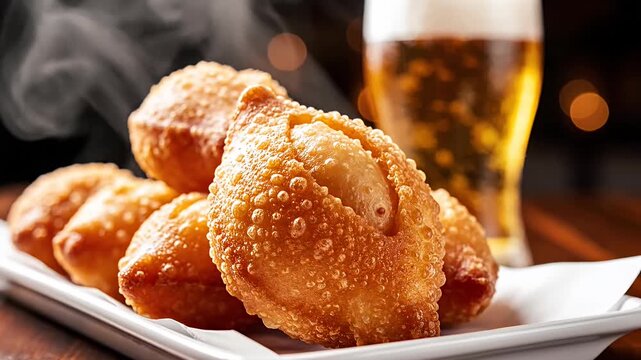 Fried brazilian pastels on white tray with beer background.