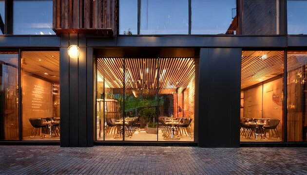 modern cafe facade with glass windows warm lighting outdoor seating and inviting ambiance