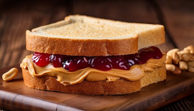 closeup of peanut butter and jelly sandwich on a wooden background