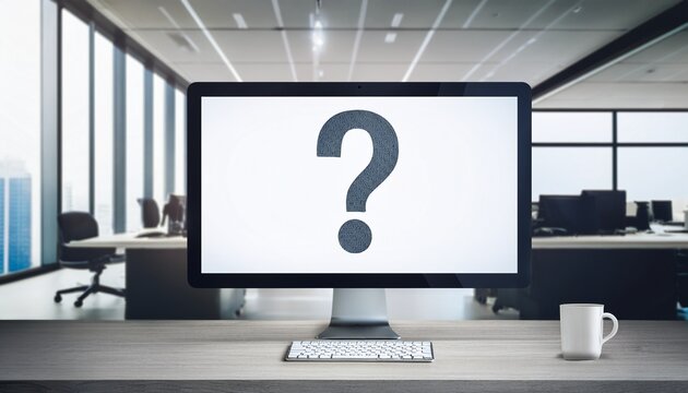 blank computer monitor with large question mark on screen in modern office interior symbolizing it error technical issue or unknown problem