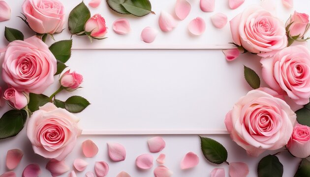 pink roses and rose petals framed on a white background floral frame wedding concept featuring wedding flowers and decoration copy space banner mockup stock photo
