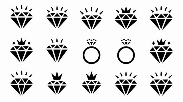 Diamond and ring silhouettes on a white background a collection of gemstone shapes jewelry faceted sparkle cut precious stone isolated graphic vector black and white monochrome design
