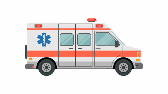 An ambulance illustration depicts a white and orange emergency vehicle with a star of life symbol paramedic healthcare medical transport rescue first responder vector flat