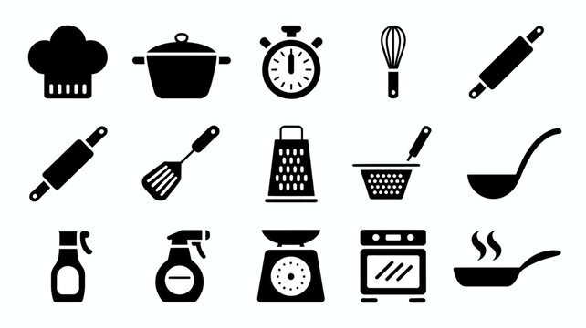 Kitchen Utensils Collection Black Silhouette Icons On White Background cooking kitchenware cookery chef hat saucepan timer whisk rolling pin knife spatula grater strainer ladle salt
