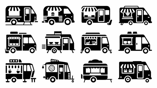 Food truck icons collection black silhouettes on a white background for various culinary businesses mobile kitchen street vendor vehicle transportation silhouette icon set pictogram graphic