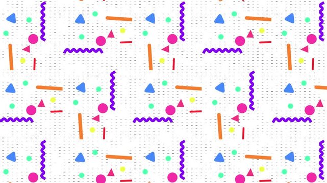 Retro 1980s and 1990s Memphis style seamless looping pattern with colorful moving geometric shapes like pink circles, blue triangles, purple squiggles, and orange bars on a white grid textured backgro