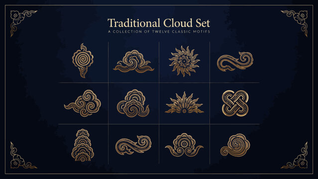 Traditional cloud motifs a golden vector illustration set against a dark background pattern design ornament scrollwork decorative element motif chinese asian art gold color graphic