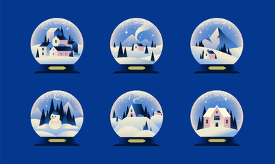 Fototapeta premium Set of snow globes. Glass balls with winter landscapes, village houses, mountains and trees. Christmas holiday decorations. Cartoon human made vector illustration collection isolated on background