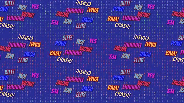 Seamless looping cartoon comic book sound effects pattern on dark blue background with vertical trails of tiny colorful stars. Featuring vibrant pop art words like BAM, POW, CRASH, and BIFF in a retro