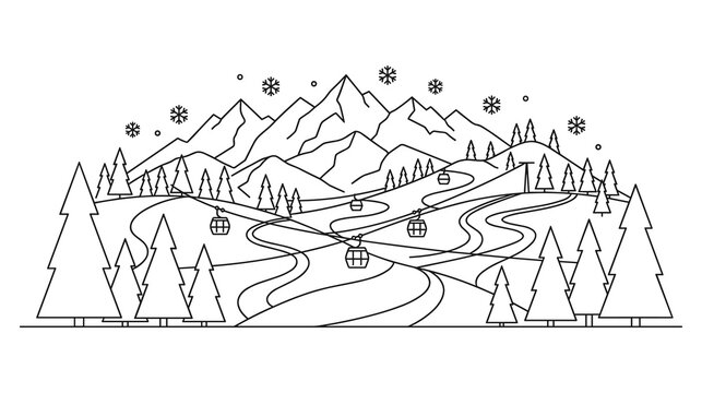Winter landscape with mountains pine trees and ski lift.