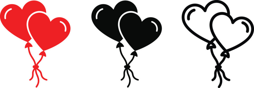 Heart shaped balloons icon set in color, black silhouette and outline styles vector illustration.
