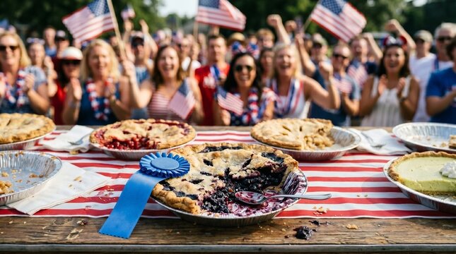 American Independence Day celebration with pies and flags