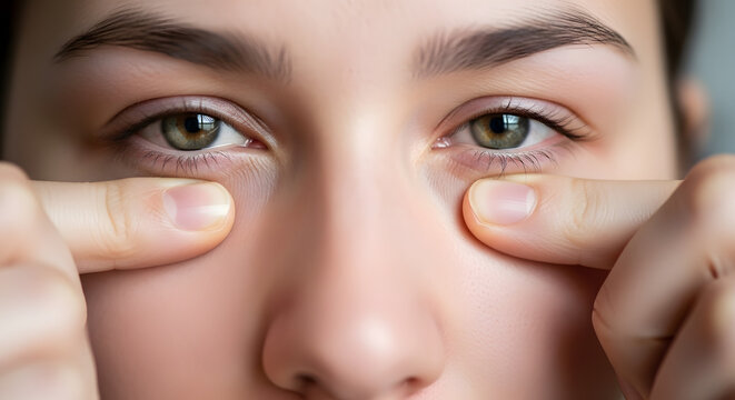 Extreme close up of a woman massaging the inner corners of her eyes. Person pressing fingers on face suffering from eye strain, headache or sinus pressure. Healthcare concept