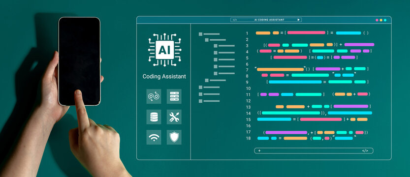 A hand holding a smartphone presents a coding assistant interface with vibrant code lines, showcasing innovation and technological advancement in a modern workspace. Cyphers