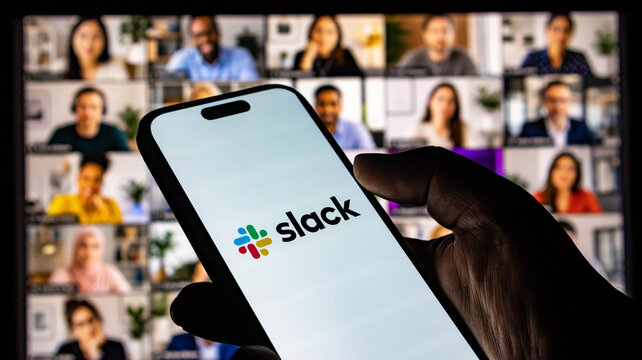 Closeup of a hand holding a smartphone displaying the slack logo with a blurred video conference call in the background