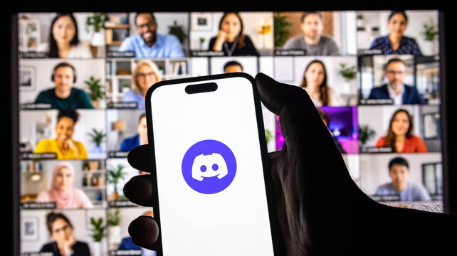 Closeup of a hand holding a smartphone with the discord logo on the screen against a video conference background