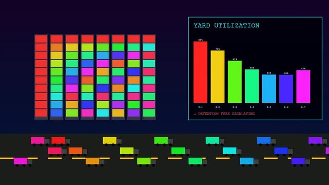 Abstract motion graphic showing severe port congestion with automated trucks moving continuously below colorful digital dashboard tracking yard utilization and escalating detention fees.