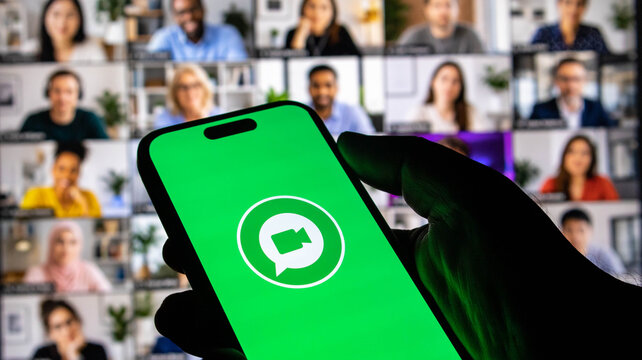 Person holding a smartphone displaying the facetime video call icon in front of a blurred video conference meeting screen