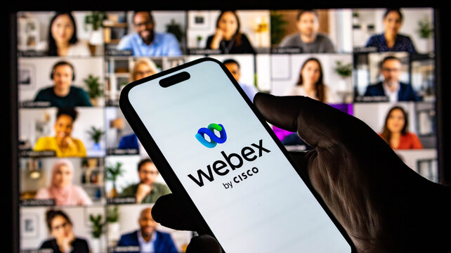 Close up of a hand holding a smartphone displaying the webex by cisco logo with a video conference background
