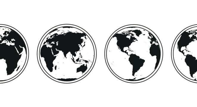 Minimalist black and white world map globe illustrations showing different global perspectives for travel and geography concepts