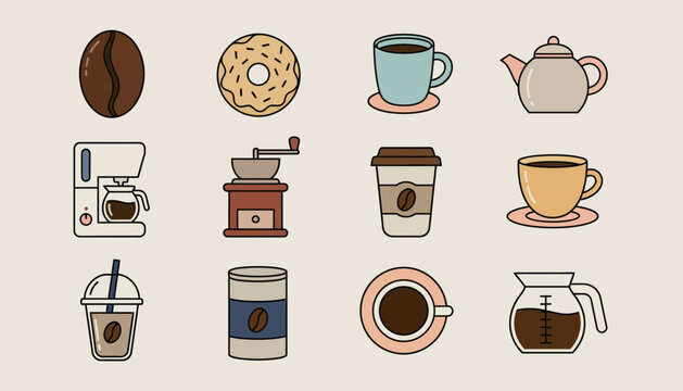 Set of Various Coffee Related Icons Featuring Beans Mugs Pots and Beverage Equipment in a Clean Minimalist Graphic Style