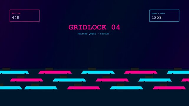 Animated vector graphics display visualizes port congestion data with wait times and shipping queues slowly decreasing on a futuristic logistics tracker UI screen