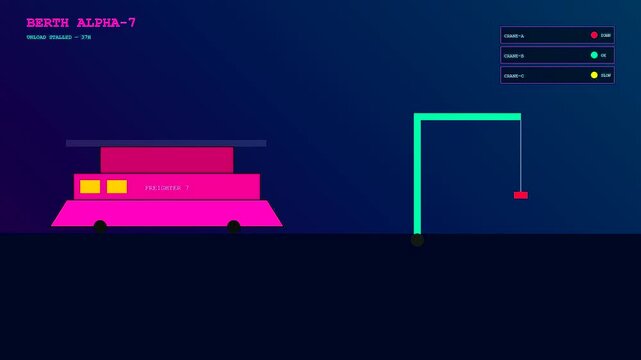 A stylized digital dashboard animation illustrates rising port congestion as automated cranes malfunction while unloading a freighter vessel at a futuristic terminal.