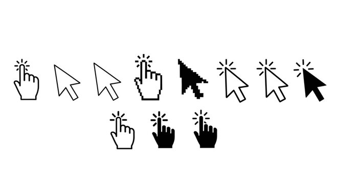 Comprehensive collection of digital mouse cursors and hand pointers, showcasing various click states for intuitive user interface design and web interaction