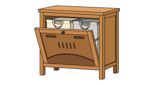 An illustration of a wooden nightstand with a hinged top open, revealing two glasses and a lamp inside on a white background.