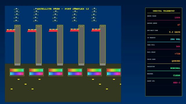 Retro computer graphics show a simulation of severe port congestion as pixelated cargo ships wait at docks alongside updating orbital telemetry data.