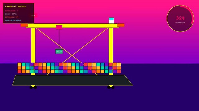 To prevent severe port congestion, an automated harbor gantry crane hoists colorful cargo containers onto a shipping vessel in this stylized retro flat vector animation.